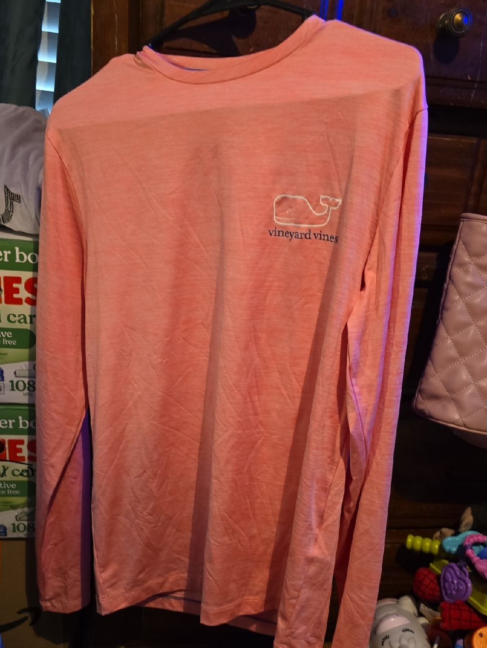 !!.      Young Mens  XS   Coral Long Sleeve Whale Tee.      S4